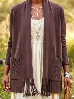 Magaschoni Chocolate Brown Open-Front Fringe Cardigan - Boho Vibe - Size Large